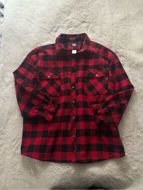 Polar King Red & Black Plaid Flannel Fleece Lined Shirt Jacket